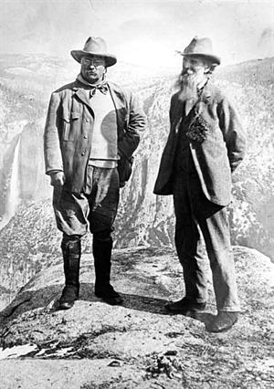 President Theodore Roosevelt and John Muir on Glacier Point in Yosemite National Park. Credit: National Park Service