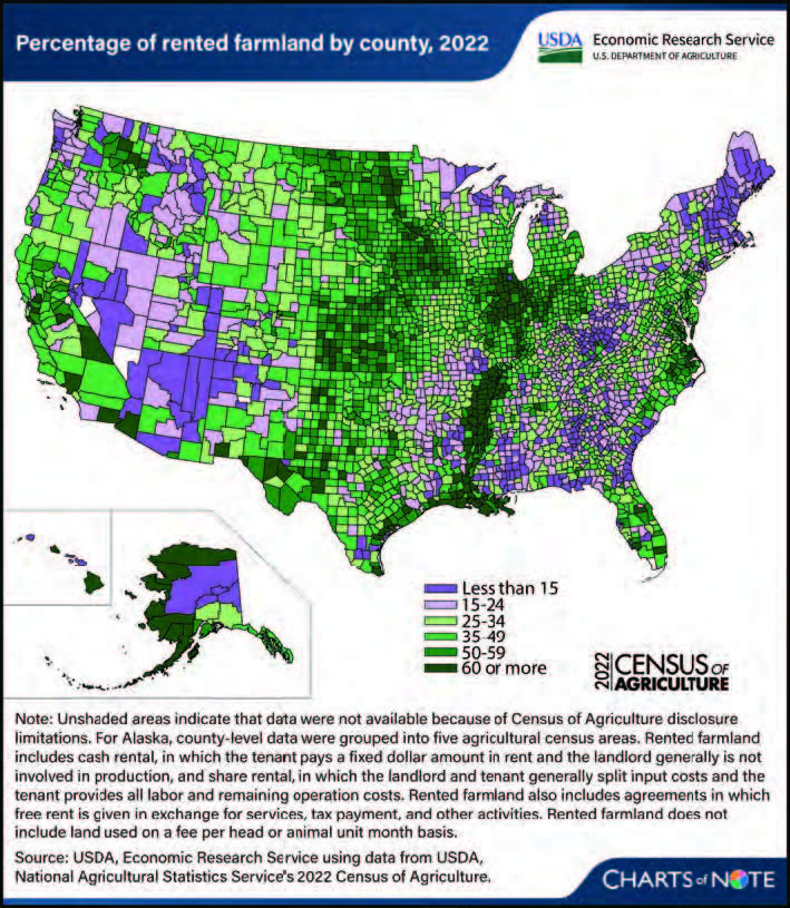 Map of rented farmland - credit USDA