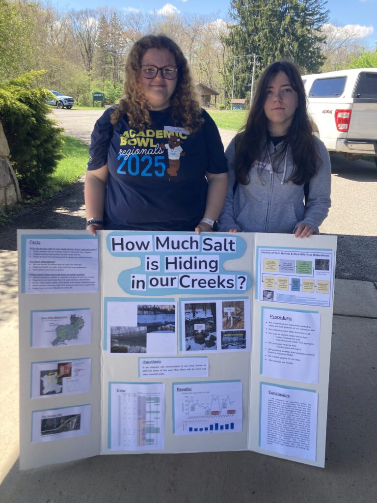 Paityn and Mackenzie stand with their Creek Connections Symposium display that notes information about their watershed, project hypothesis of their study, procedure, results, and conclusion.
